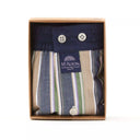 Verpakking van McAlson boxershort met beige en blauw gestreept motief, luxe katoenen herenondergoed, ideaal cadeau.
