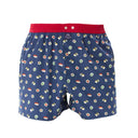 Flatlay van blauwe McAlson boxershort met sushi print, 100% katoen met zachte rode tailleband en soepele stof.