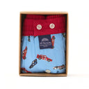 Verpakking van McAlson boxershort met raceauto print, luxe katoenen herenondergoed, ideaal als cadeau.